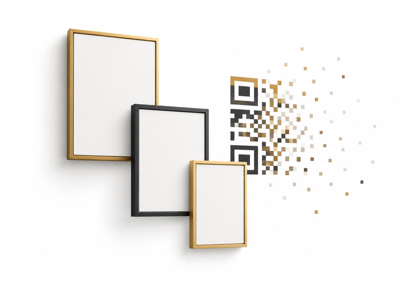 Three empty gallery frames beside a QR pattern dissolving into pixels
